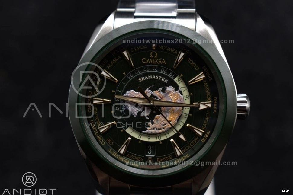 1:1 Ceramic VSF Edition Worldtimer Best 43mm Green SS Super GMT Aqua on Terra A8938 Bracelet Clone 1105